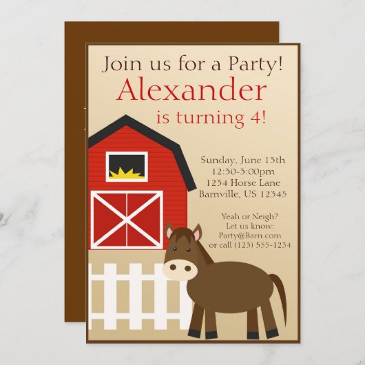 Boerderij van bruin paard - dierendag uitnodiging (Voorkant / Achterkant)