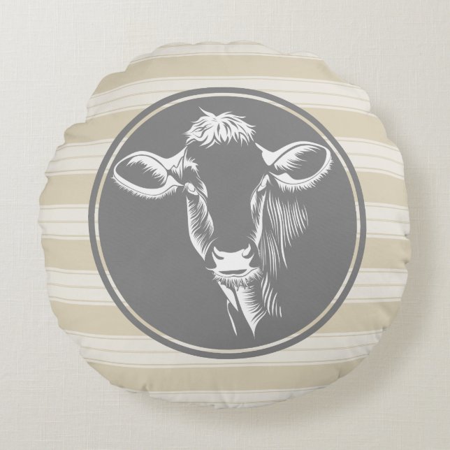 Boerderij van Creamy Tan White Koe Schets Rond Kussen (Voorkant)