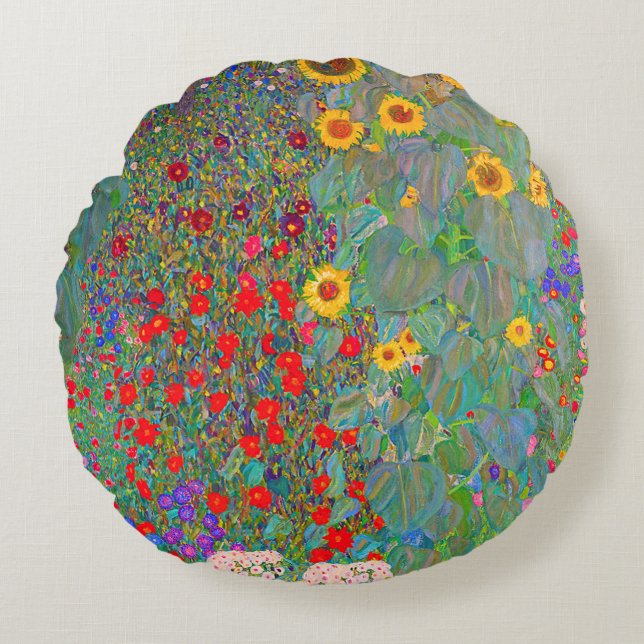 Boerderij van Gustav Klimt met zonnebloemen Rond Kussen (Voorkant)