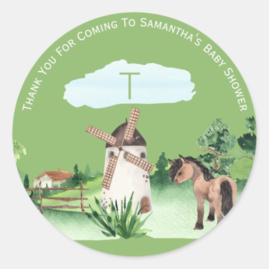 Boerderij van Monogram Baby shower van windmollen Ronde Sticker (Voorkant)