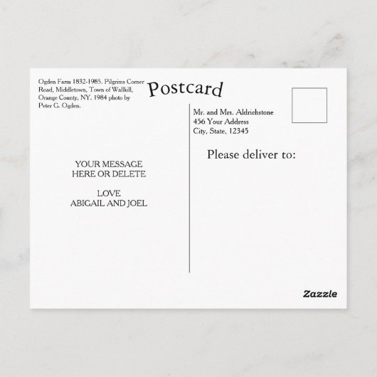 Boerderij van Ogden 1832-1985 Waalse stad New York Briefkaart (Achterkant)