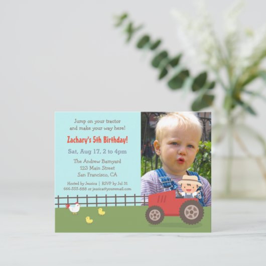 Boerderij van Red Tractor Birthday Party Photo Inv Kaart (Staand voorkant)
