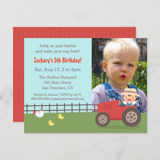 Boerderij van Red Tractor Birthday Party Photo Inv Kaart (Voorkant / Achterkant)