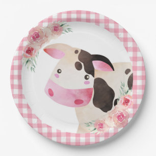 Boerderij van roze gingham Floral Cow Animal Papieren Bordje