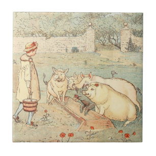 Boerderij van Vintage landen dat varkens voedt Tegeltje