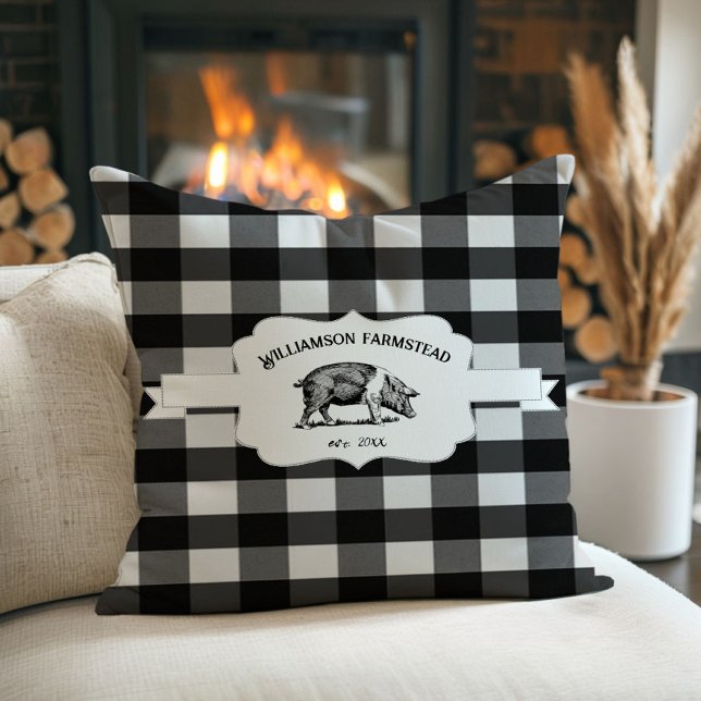 Boerderij varken Sierkussen (Black Buffalo Plaid Farm Pig Throw Pillow)