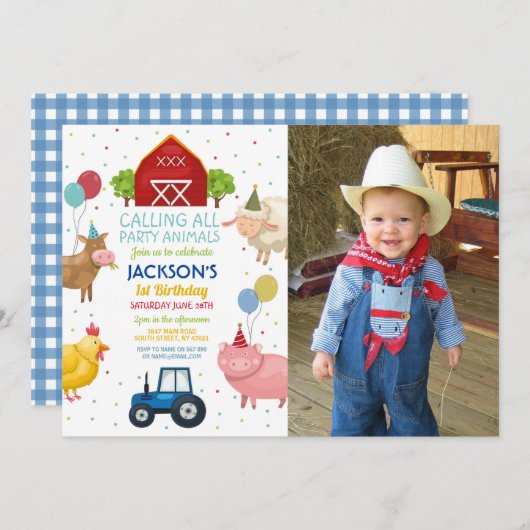 Boerderij Varkens 1e Kids Birthday Blue Tractor Kaart (Voorkant / Achterkant)