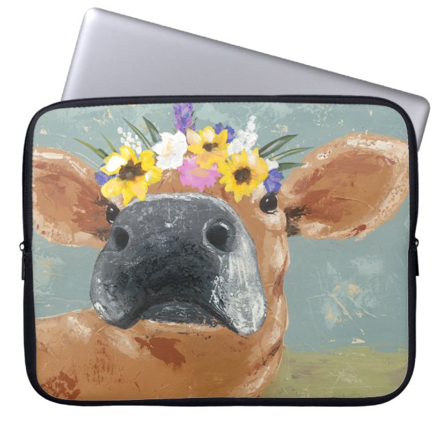 Boerderij ventilator - Koe met kroon op de bloem Laptop Sleeve (Voorkant)