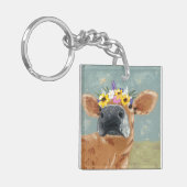 Boerderij ventilator - Koe met kroon op de bloem Sleutelhanger (Voorkant Links)