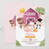 Boerderij Verjaardag 1e Nodig Roze Meisjes Een Die Kaart (Voorkant / Achterkant)