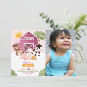 Boerderij Verjaardag 1e Nodig Roze Meisjes Een Fot Kaart (Staand voorkant)