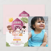 Boerderij Verjaardag 1e Nodig Roze Meisjes Een Fot Kaart (Voorkant / Achterkant)