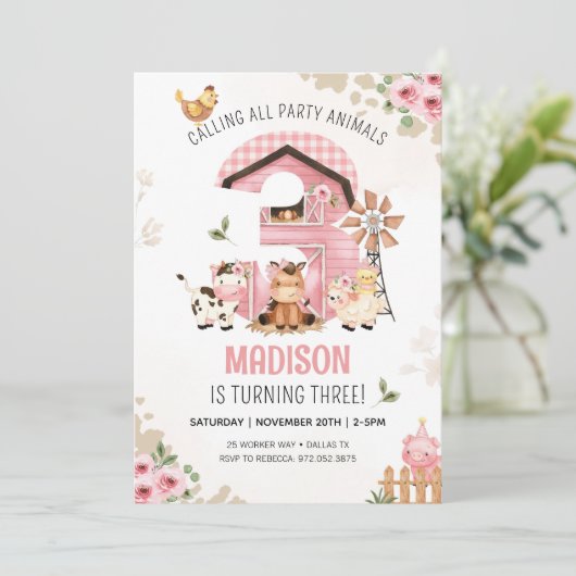 BOERDERIJ VERJAARDAG Boerderijdieren 3e verjaardag Kaart (Staand voorkant)