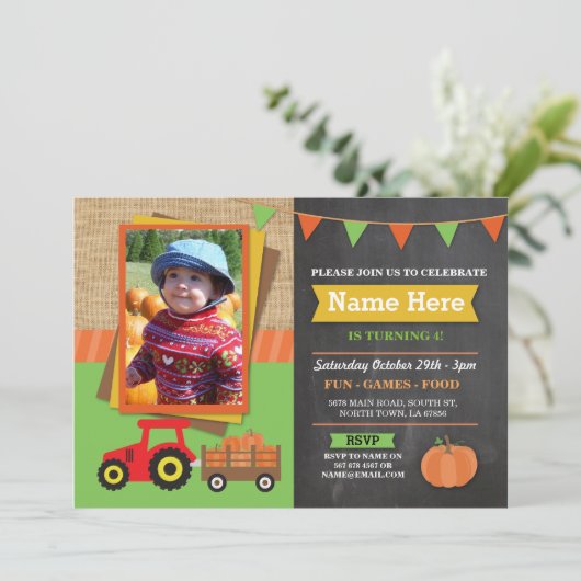 Boerderij Verjaardag Party Pompoen Tractor Foto Ui Kaart (Staand voorkant)