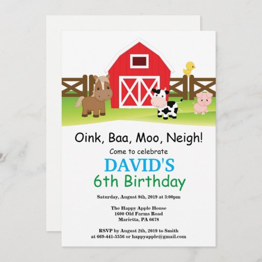 Boerderij Verjaardag Uitnodiging Barnyard Party (Voorkant / Achterkant)