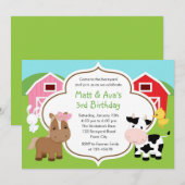 Boerderij Verjaardag Uitnodiging - Boy Girl Twins  (Voorkant / Achterkant)