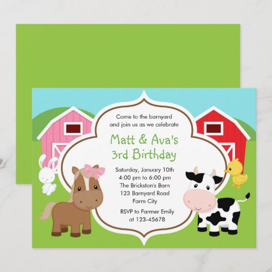 Boerderij Verjaardag Uitnodiging - Boy Girl Twins  (Voorkant / Achterkant)