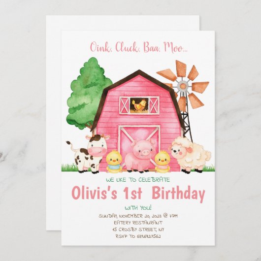 Boerderij Verjaardag Uitnodiging meisje boerderij  (Voorkant / Achterkant)