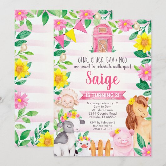 Boerderij Verjaardag Uitnodiging Meisje Boerderij  (Voorkant / Achterkant)