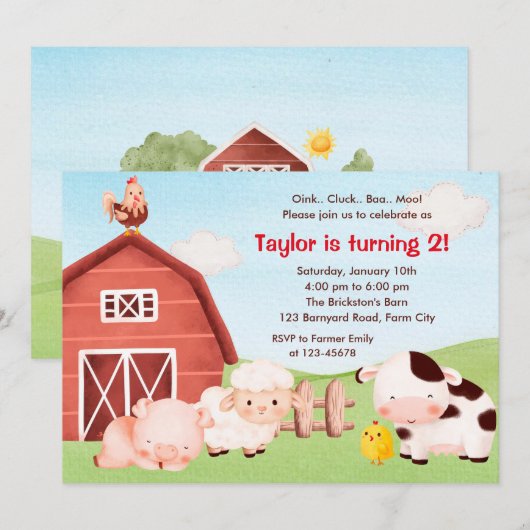 Boerderij Verjaardag Uitnodiging - Waterverf - Bar (Voorkant / Achterkant)