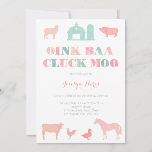 boerderij verjaardagsfeest voor meisje , oink baa  kaart (Voorkant)