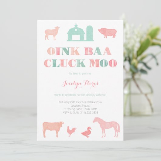 boerderij verjaardagsfeest voor meisje , oink baa  kaart (Staand voorkant)