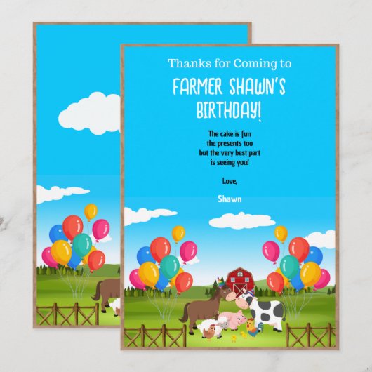 Boerderij Verjaardagsfeestje Dank je kaart (Voorkant / Achterkant)