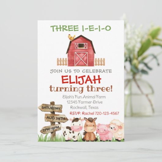 Boerderij Verjaardagsuitnodiging, Boy Three I-E-I- Kaart (Staand voorkant)