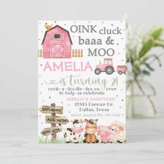 Boerderij verjaardagsuitnodiging, Oink Cluck Baa M Kaart (Staand voorkant)