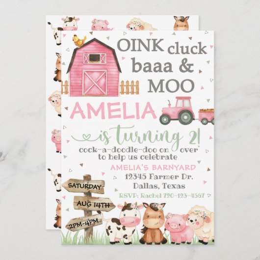 Boerderij verjaardagsuitnodiging, Oink Cluck Baa M Kaart (Voorkant / Achterkant)