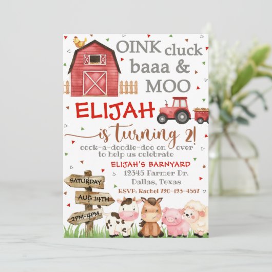 Boerderij verjaardagsuitnodiging, Oink Cluck Baa M Kaart (Staand voorkant)