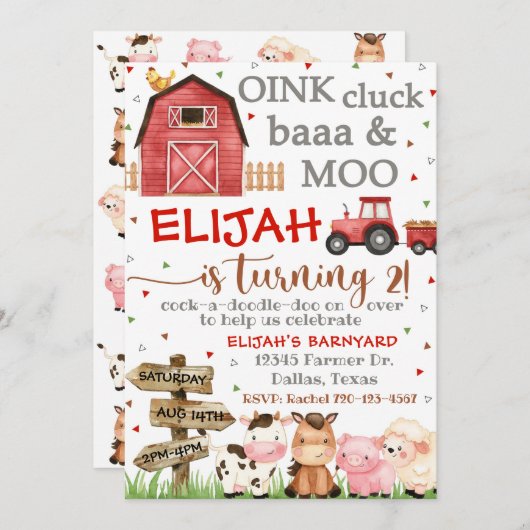 Boerderij verjaardagsuitnodiging, Oink Cluck Baa M Kaart (Voorkant / Achterkant)