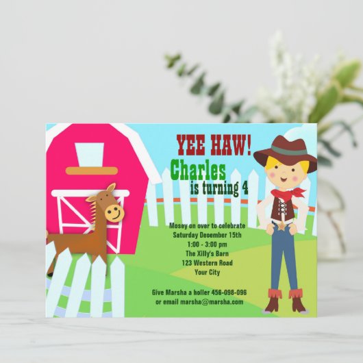 Boerderij verjaardagsuitnodiging voor cowboy barn kaart (Staand voorkant)