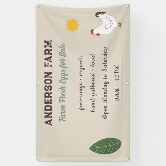 Boerderij Verse Eieren - Kip, Zon en Blad Spandoek (Verticaal)