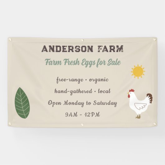 Boerderij Verse Eieren - Kip, Zon en Blad Spandoek (Horizontaal)