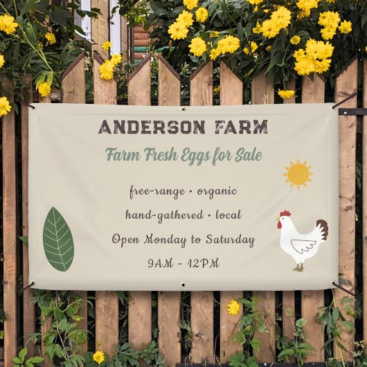 Boerderij Verse Eieren - Kip, Zon en Blad Spandoek