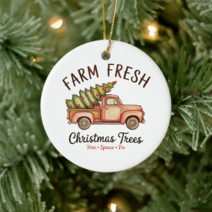 Boerderij Verse Kerstboom Roze Truck Kerstmis Vint Keramisch Ornament
