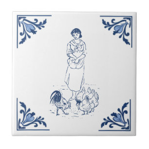  Boerderij Voedende Kippen Delfts Blauw Wit Tegeltje