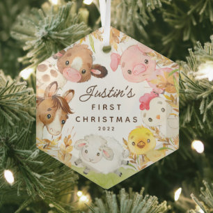 Boerderij Vrienden Baby's Eerste Kerstmis Glas Ornament