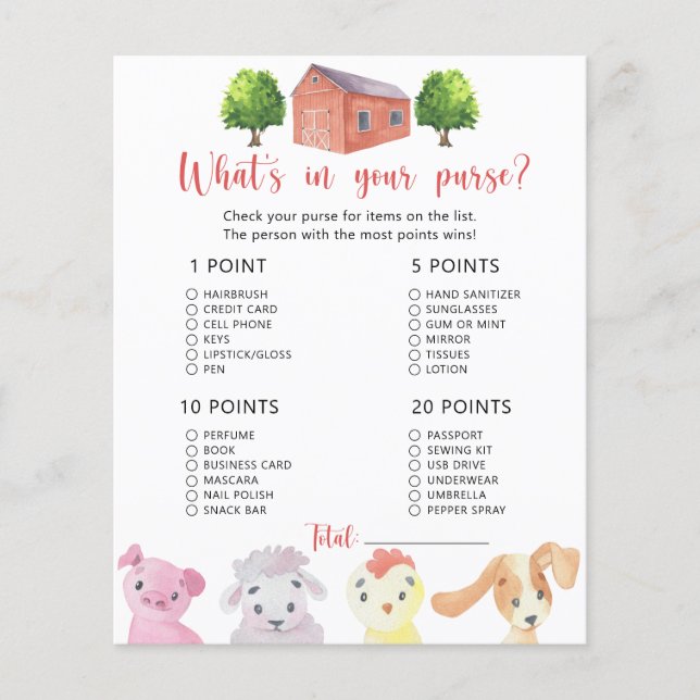 Boerderij - Wat zit er in je tas baby shower spel (Voorkant)