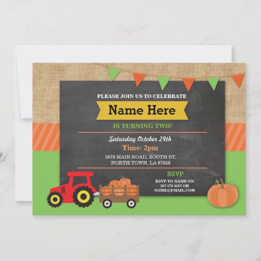 Boerderij Yard Birthday Party Pumpkin Tractor Invi Kaart (Voorkant)