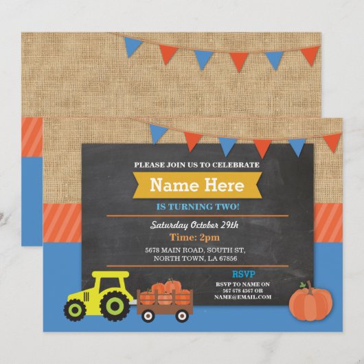Boerderij Yard Birthday Party Pumpkin Tractor Invi Kaart (Voorkant / Achterkant)