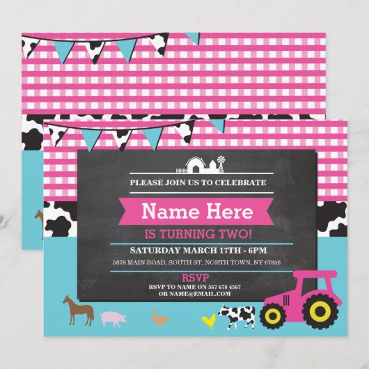 Boerderij Yard Verjaardag Party Animal Pig Tractor Kaart (Voorkant / Achterkant)