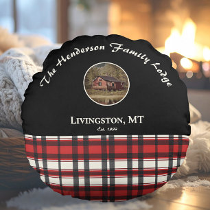 Boerderij Zwart Rood Buffalo Plaid Aangepaste Foto Rond Kussen