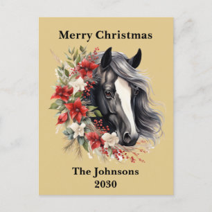 Boerderij Zwarte Kerst Paard Krans Poinsettia Feestdagenkaart