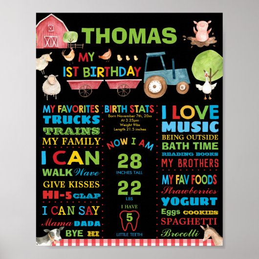 Boerderijdieren 1e verjaardag mijlpaal geboorte st poster (Voorkant)