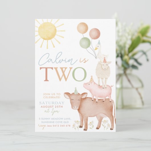 Boerderijdieren 2e verjaardagsfeestje voor jongens kaart (Staand voorkant)