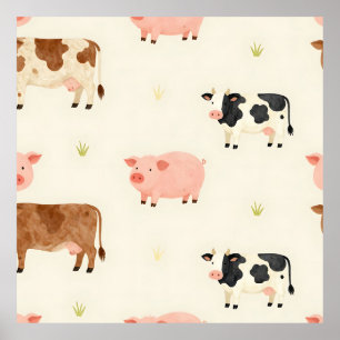 Boerderijdieren Aquarel Mooie Patronen Poster