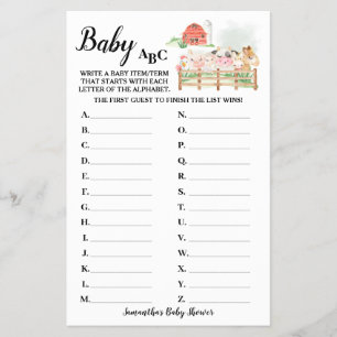 Boerderijdieren Baby ABC Baby Shower Spelkaart Flyer