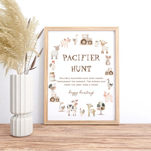 Boerderijdieren Baby shower Fopspeen Hunt Spel Poster